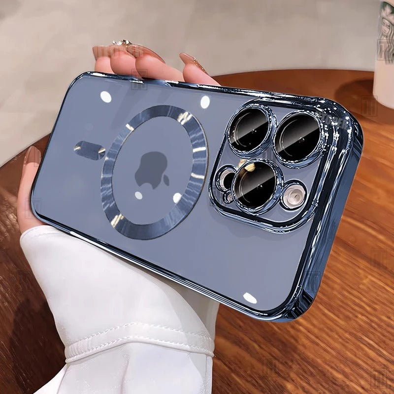 Luxury iPhone Case MagSafe Compatible Clear Back Cover — Desert Gold Frame, Magnetic Lens Protection, Soft Shockproof Design, Slim Scratch-Resistant Finish