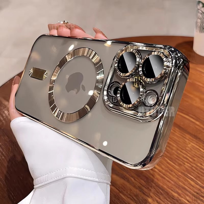 Luxury iPhone Case MagSafe Compatible Clear Back Cover — Desert Gold Frame, Magnetic Lens Protection, Soft Shockproof Design, Slim Scratch-Resistant Finish