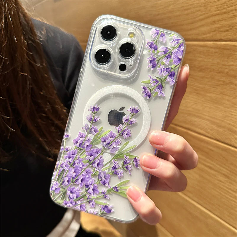 Luxury iPhone Case MagSafe Compatible Clear Floral Cover — Transparent Silicone Design, Magnetic Wireless Charging, Shockproof Anti-Fingerprint Scratch-Resistant