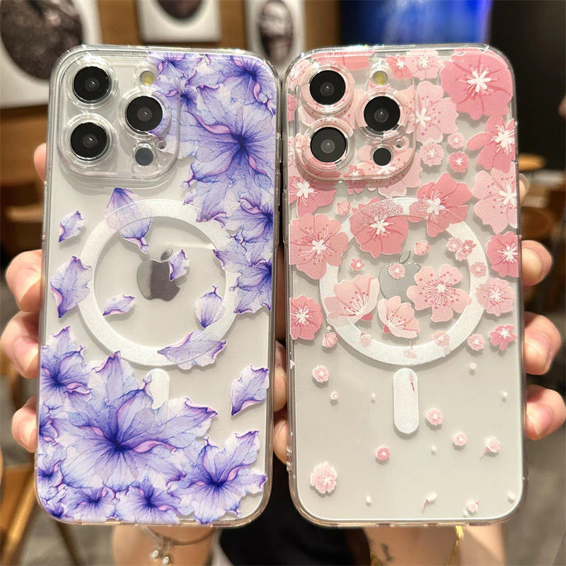 Luxury iPhone Case MagSafe Compatible Clear Floral Cover — Transparent Silicone Design, Magnetic Wireless Charging, Shockproof Anti-Fingerprint Scratch-Resistant
