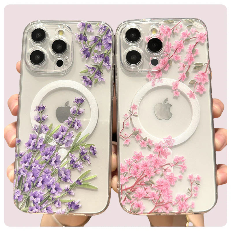 Luxury iPhone Case MagSafe Compatible Clear Floral Cover — Transparent Silicone Design, Magnetic Wireless Charging, Shockproof Anti-Fingerprint Scratch-Resistant