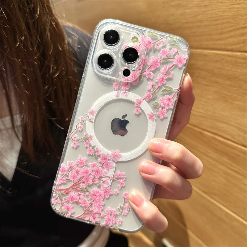 Luxury iPhone Case MagSafe Compatible Clear Floral Cover — Transparent Silicone Design, Magnetic Wireless Charging, Shockproof Anti-Fingerprint Scratch-Resistant