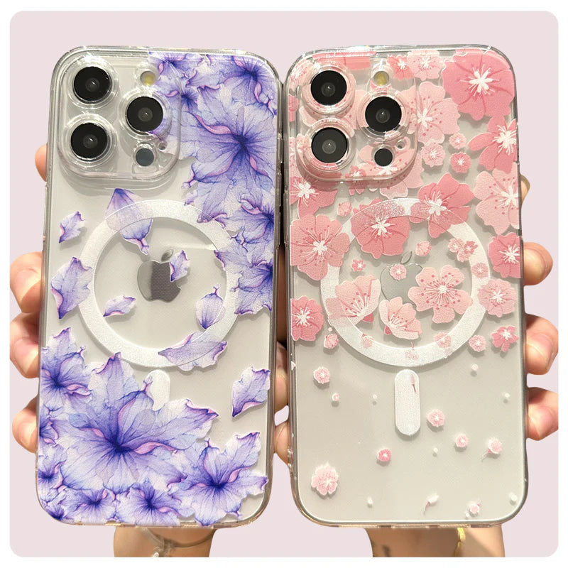 Luxury iPhone Case MagSafe Compatible Clear Floral Cover — Transparent Silicone Design, Magnetic Wireless Charging, Shockproof Anti-Fingerprint Scratch-Resistant