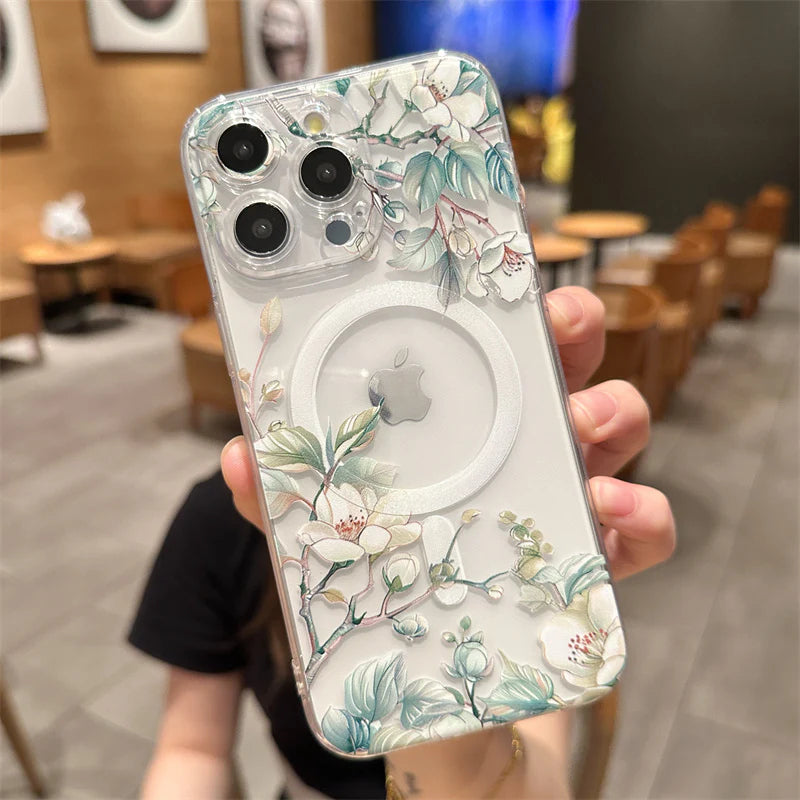 Luxury iPhone Case MagSafe Compatible Clear Floral Cover — Transparent Silicone Design, Magnetic Wireless Charging, Shockproof Anti-Fingerprint Scratch-Resistant