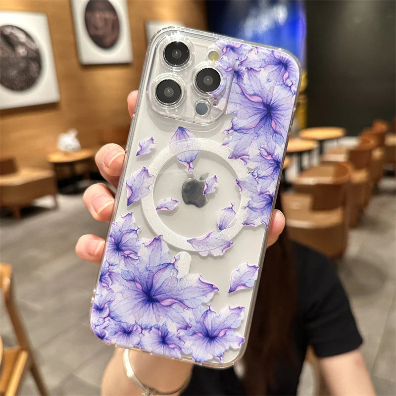 Luxury iPhone Case MagSafe Compatible Clear Floral Cover — Transparent Silicone Design, Magnetic Wireless Charging, Shockproof Anti-Fingerprint Scratch-Resistant