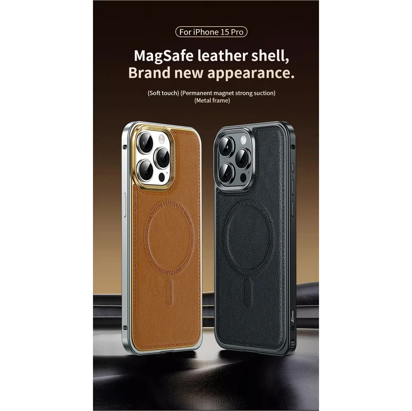 Luxury iPhone Case MagSafe Compatible Leather Back Cover — Aluminum Alloy Metal Frame, Shockproof Design, Magnetic Wireless Charging, Premium Finish