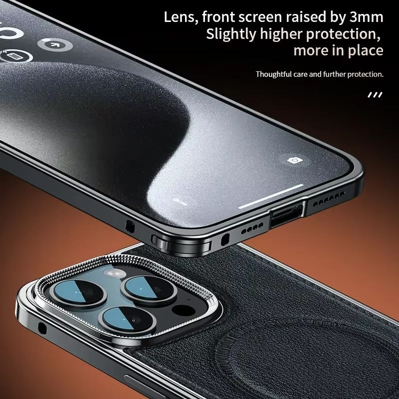 Luxury iPhone Case MagSafe Compatible Leather Back Cover — Aluminum Alloy Metal Frame, Shockproof Design, Magnetic Wireless Charging, Premium Finish