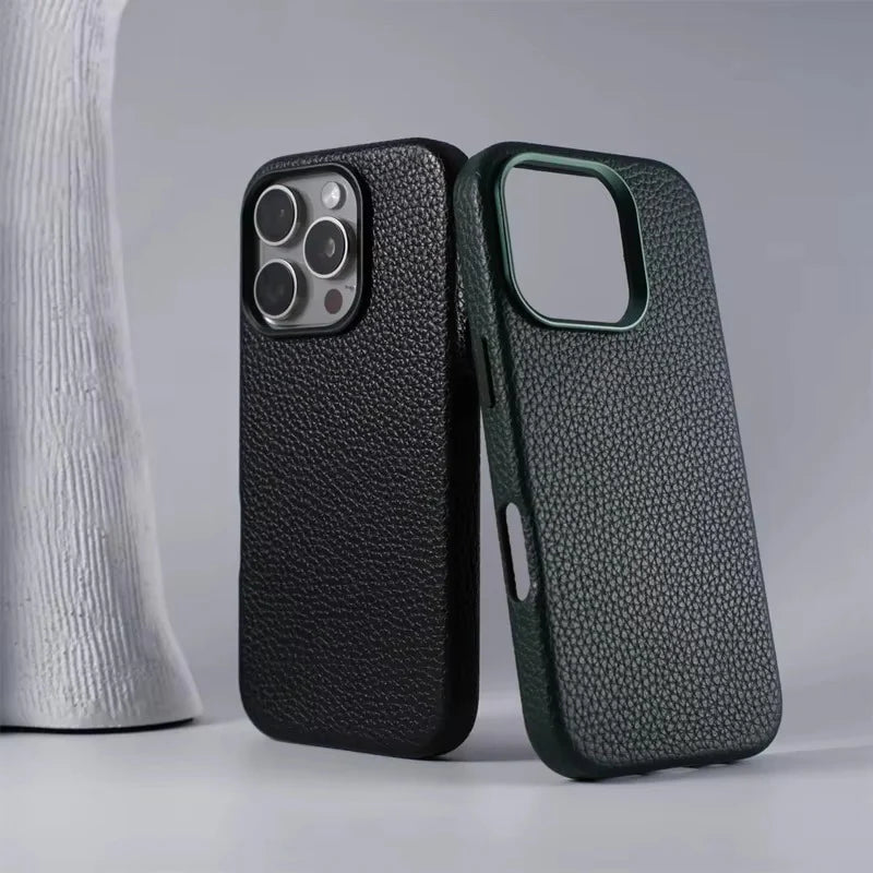 Luxury iPhone Case MagSafe Compatible Leather Cover — Magnetic Wireless Charging, Alloy Lens Protection, Hard Back Design, Anti-Fingerprint Scratch-Resistant