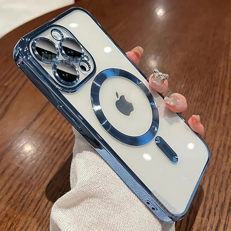 Luxury iPhone Case MagSafe Compatible Plating Clear Cover — Magnetic Wireless Charging Support, Lens Protector, Anti-Fingerprint Scratch-Resistant Design
