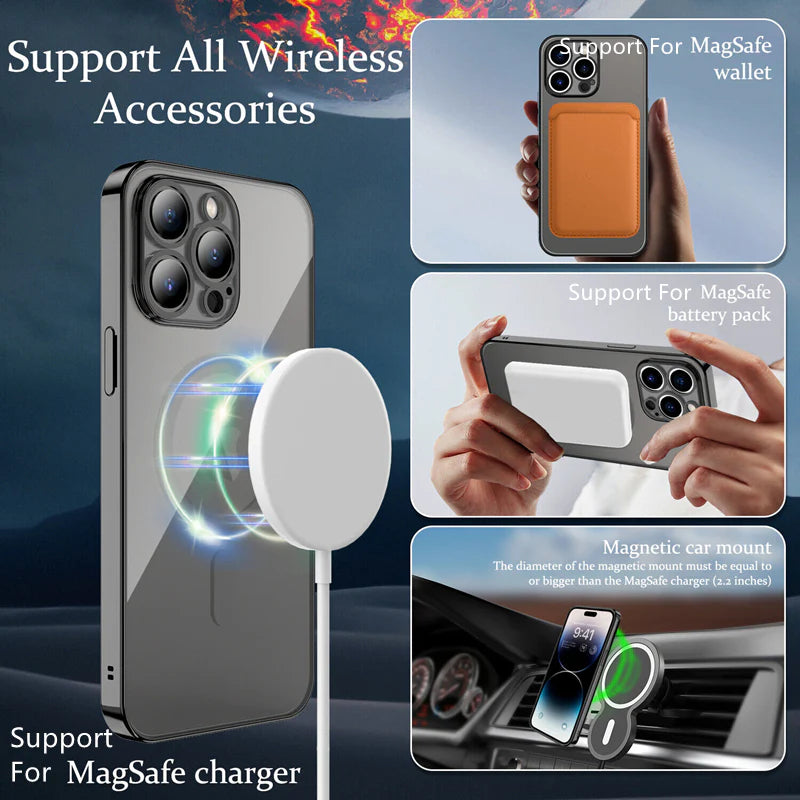 Luxury iPhone Case MagSafe Compatible Plating Clear Cover — Magnetic Wireless Charging Support, Lens Protector, Anti-Fingerprint Scratch-Resistant Design