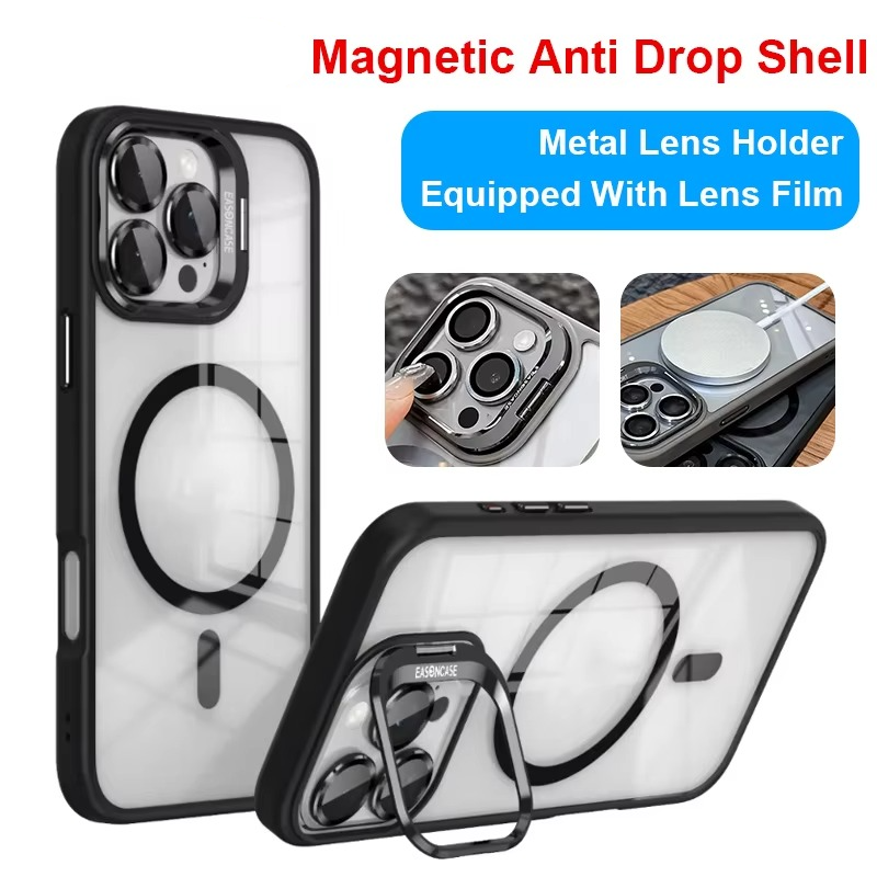 Luxury iPhone Case MagSafe Compatible Shockproof Cover — Magnetic Design with Stand, Glass Camera Lens Protector, Full Coverage Slim Scratch-Resistant Protection