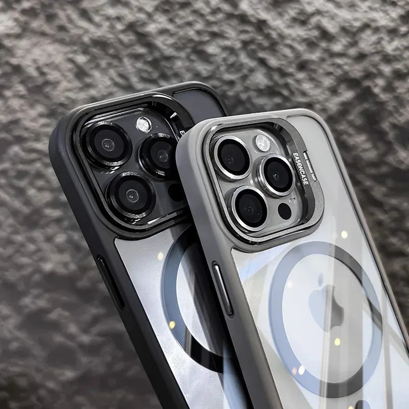 Luxury iPhone Case MagSafe Compatible Shockproof Cover — Magnetic Design with Stand, Glass Camera Lens Protector, Full Coverage Slim Scratch-Resistant Protection