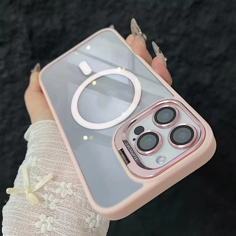 Luxury iPhone Case MagSafe Compatible Shockproof Cover — Magnetic Design with Stand, Glass Camera Lens Protector, Full Coverage Slim Scratch-Resistant Protection