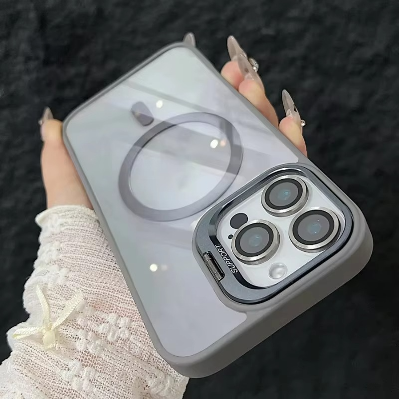Luxury iPhone Case MagSafe Compatible Shockproof Cover — Magnetic Design with Stand, Glass Camera Lens Protector, Full Coverage Slim Scratch-Resistant Protection