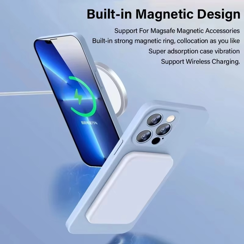 Luxury iPhone Case MagSafe Compatible — Liquid Silicone Soft Cover, Magnetic, Full Protection, Shockproof, Anti-Fingerprint, Slim Lightweight Funda
