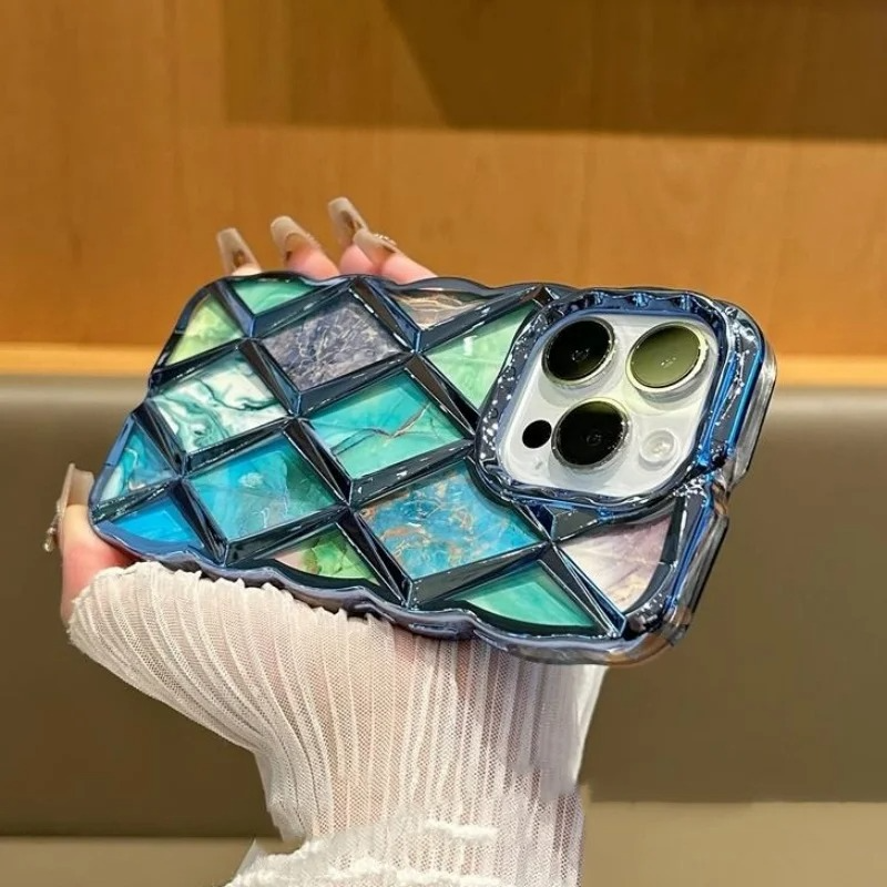 Luxury iPhone Case Plating Rhombic Marble Design — Fashion Full Body Protective Cover, Stylish Slim Shockproof Scratch-Resistant Finish