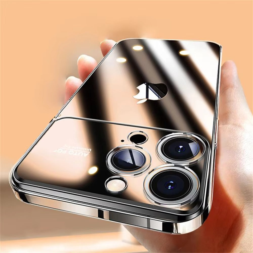 Luxury iPhone Case Tempered Glass Camera Protection — Transparent Acrylic Hard Cover, Plated Edges, Slim Shockproof Design, Scratch-Resistant Clear Finish