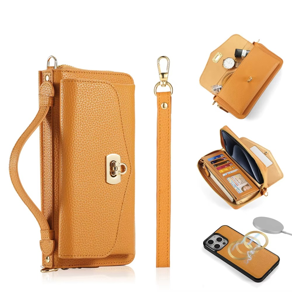 Luxury iPhone Case — 2-in-1 Detachable Leather Wallet Cover with Zipper Card Slot, Crossbody Lanyard, Magnetic Closure and Dual-Layer Protective Design