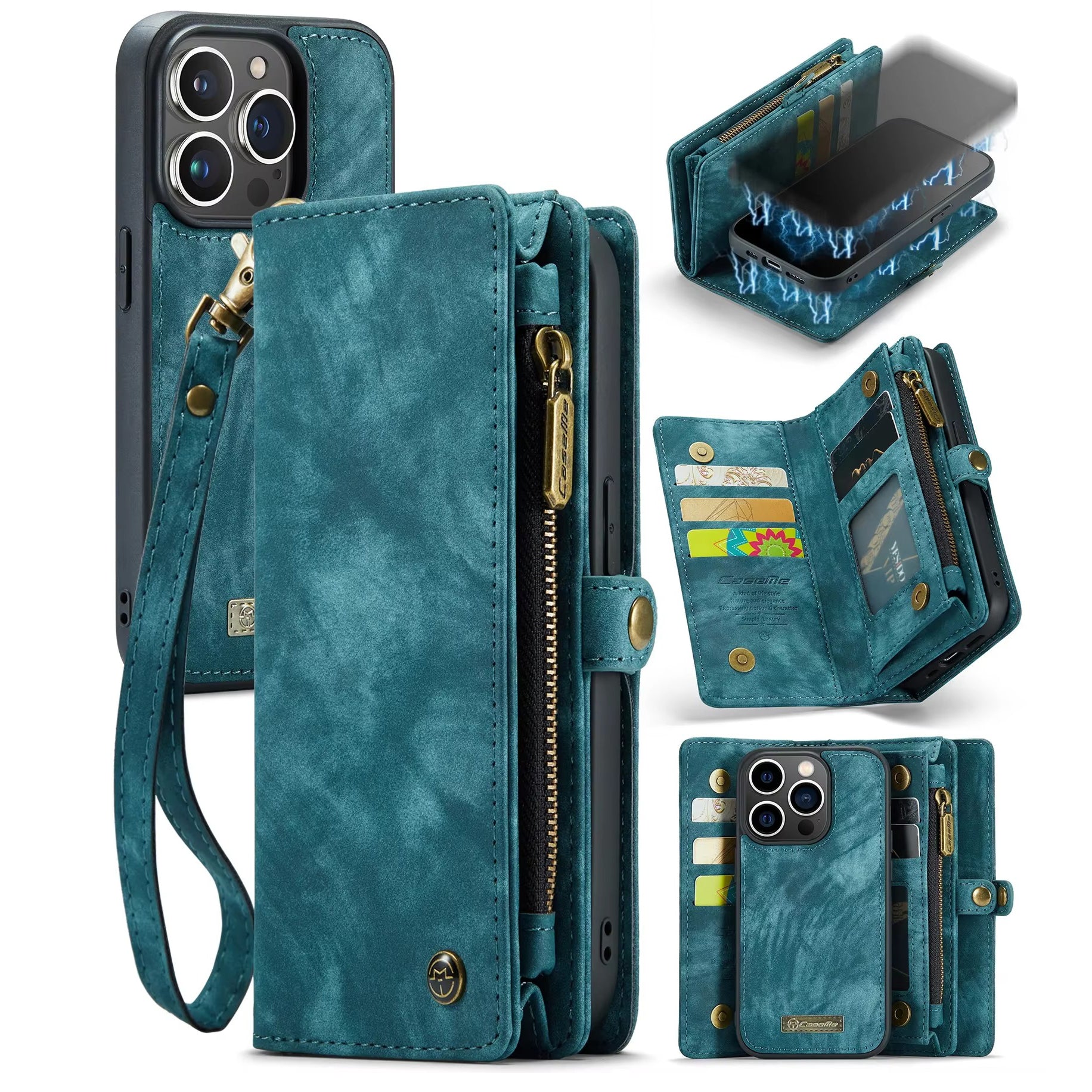 Luxury iPhone Case — 2-in-1 Detachable Magnetic Wallet Cover with Zipper Card Slots, Kickstand Feature and Matte Anti-Fingerprint Leather Design