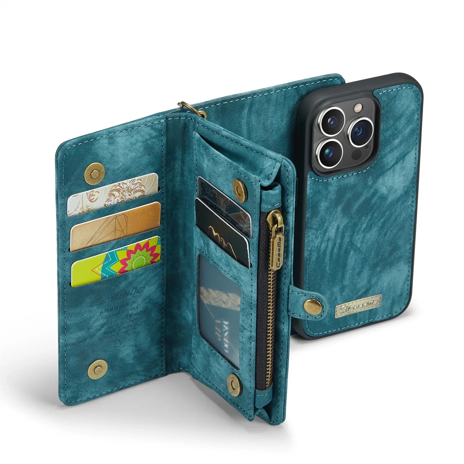 Luxury iPhone Case — 2-in-1 Detachable Magnetic Wallet Cover with Zipper Card Slots, Kickstand Feature and Matte Anti-Fingerprint Leather Design