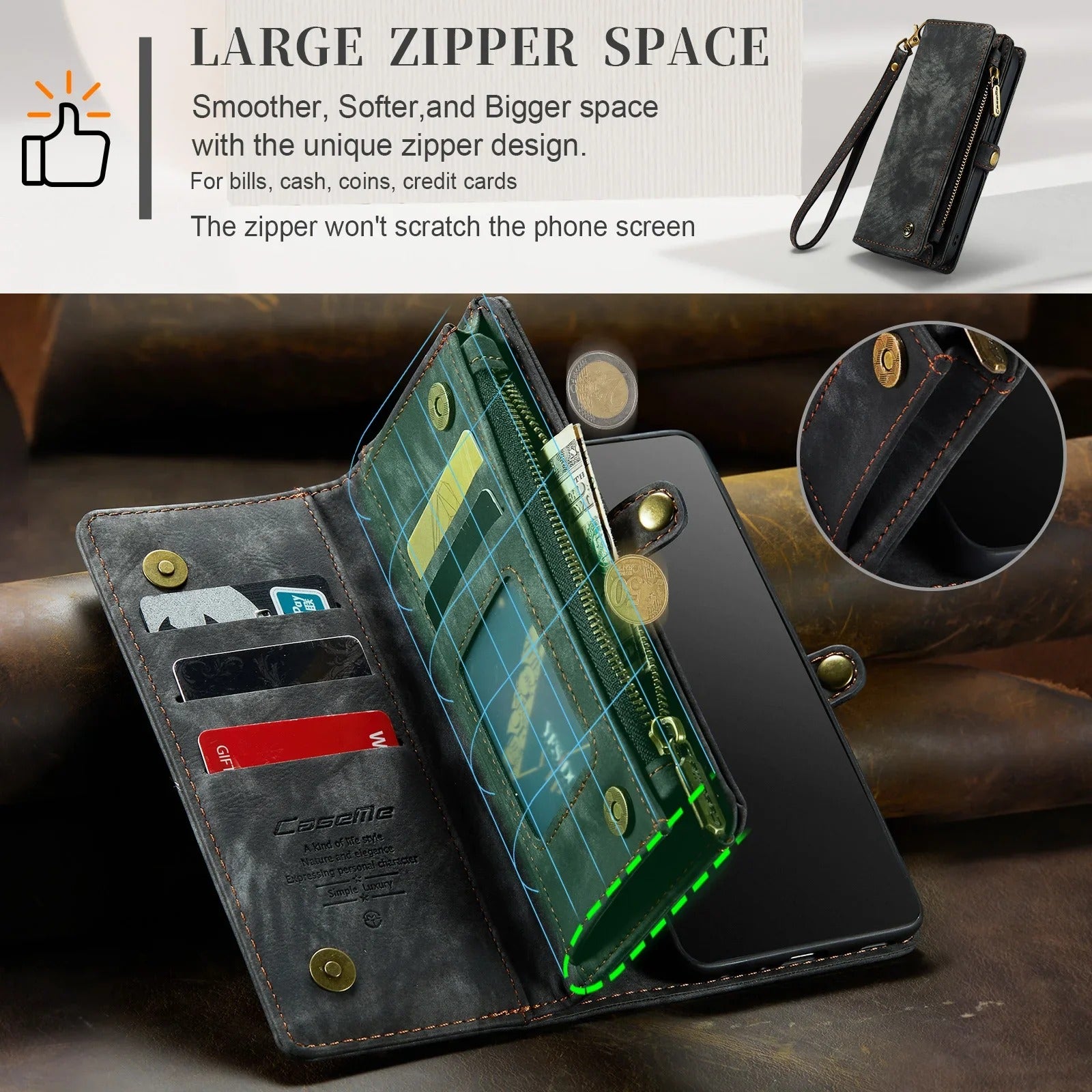 Luxury iPhone Case — 2-in-1 Detachable Magnetic Wallet Cover with Zipper Card Slots, Kickstand Feature and Matte Anti-Fingerprint Leather Design