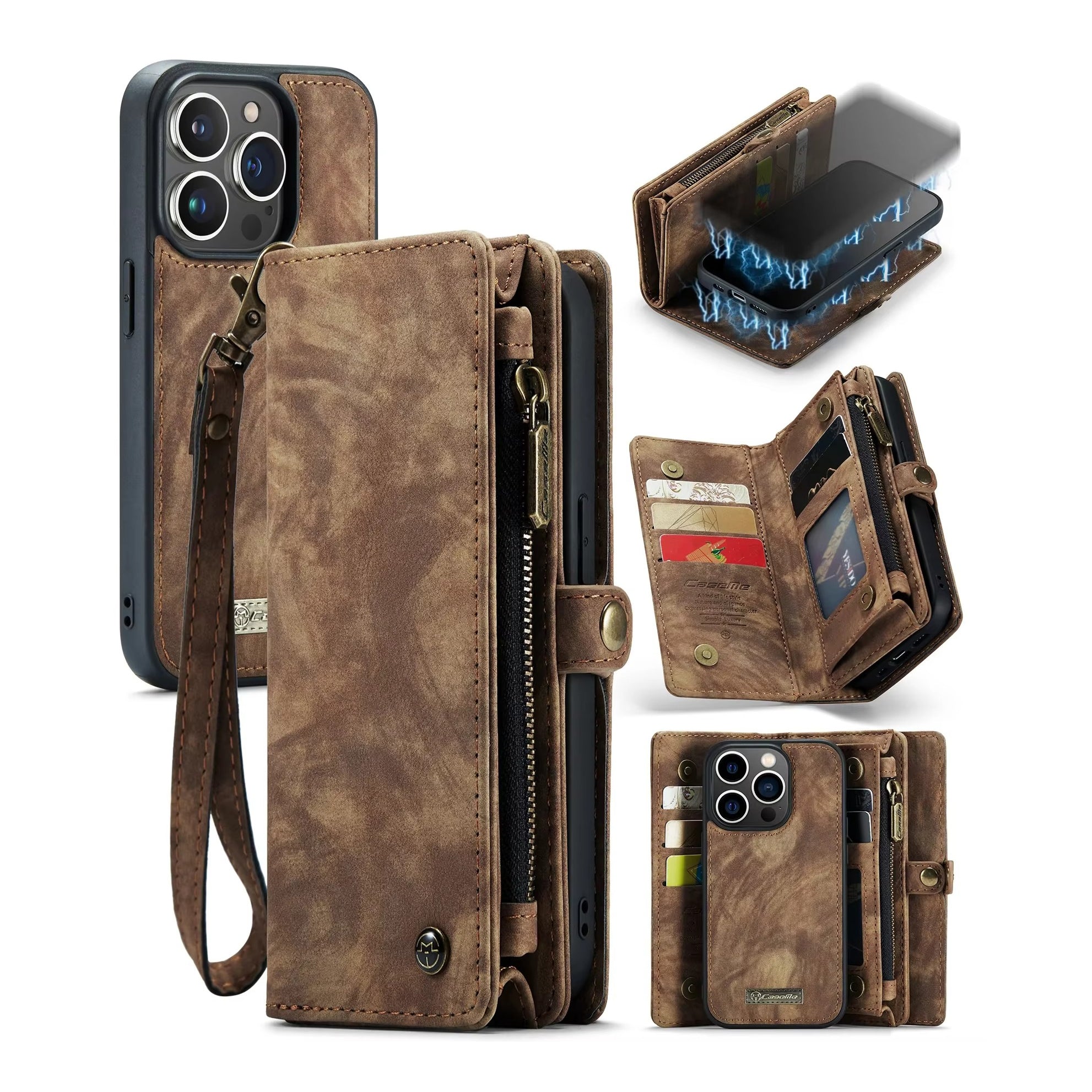 Luxury iPhone Case — 2-in-1 Detachable Magnetic Wallet Cover with Zipper Card Slots, Kickstand Feature and Matte Anti-Fingerprint Leather Design