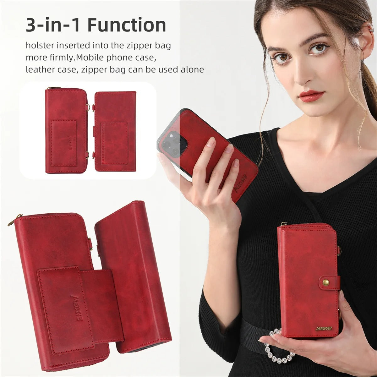 Luxury iPhone Case — 2-in-1 Detachable PU Leather Wallet Cover with Zipper Purse, Magnetic Flip Clasp, Heavy-Duty Dual-Layer Protection and Lanyard