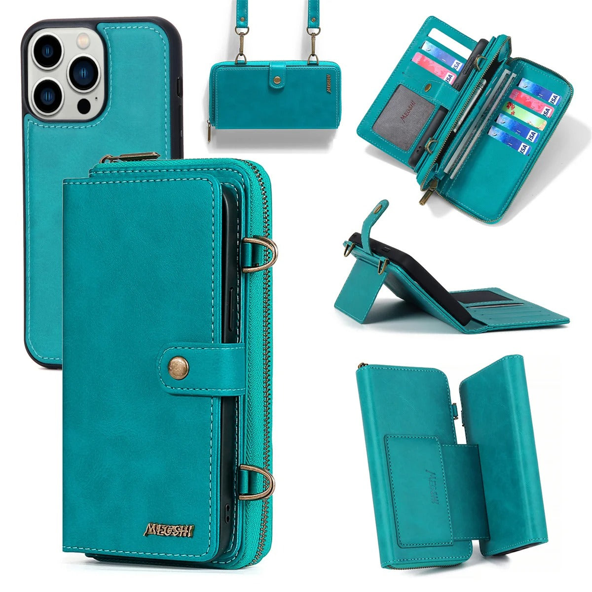 Luxury iPhone Case — 2-in-1 Detachable PU Leather Wallet Cover with Zipper Purse, Magnetic Flip Clasp, Heavy-Duty Dual-Layer Protection and Lanyard
