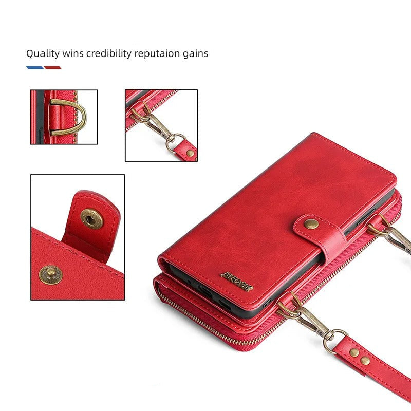 Luxury iPhone Case — 2-in-1 Detachable PU Leather Wallet Cover with Zipper Purse, Magnetic Flip Clasp, Heavy-Duty Dual-Layer Protection and Lanyard