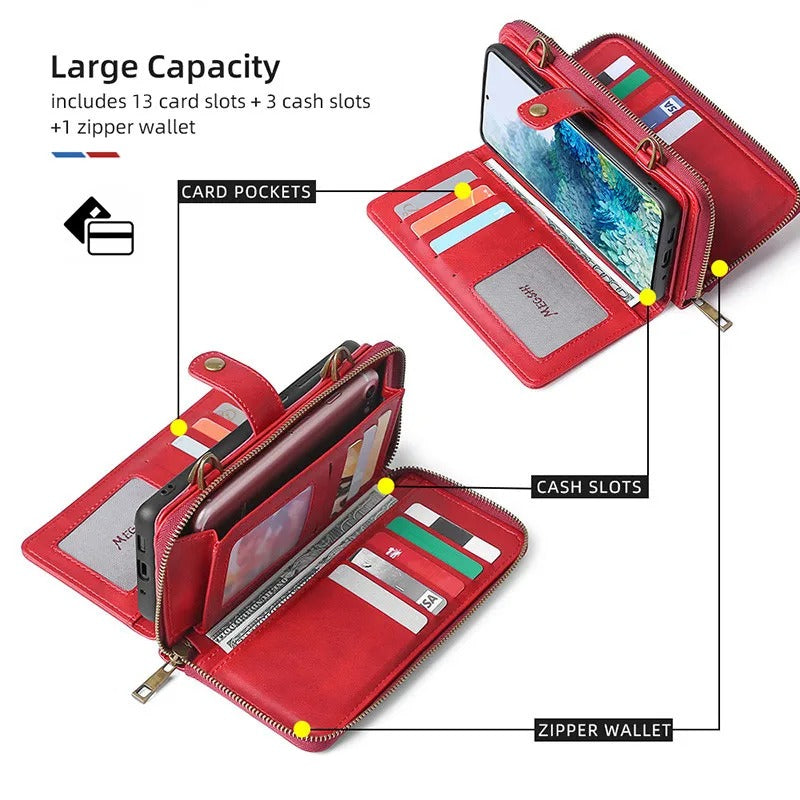 Luxury iPhone Case — 2-in-1 Detachable PU Leather Wallet Cover with Zipper Purse, Magnetic Flip Clasp, Heavy-Duty Dual-Layer Protection and Lanyard