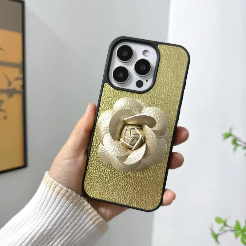 Luxury iPhone Case — 3D Camellia PU Leather Cover with Shockproof Hard Back, Full-Coverage Protection, Anti-Scratch Dustproof Finish & Non-Slip Elegant Design