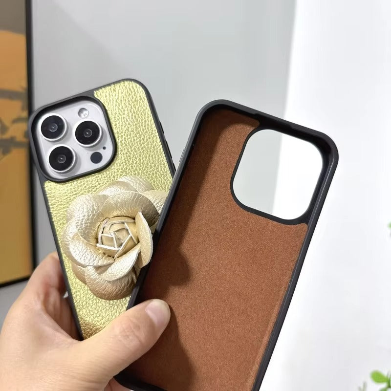 Luxury iPhone Case — 3D Camellia PU Leather Cover with Shockproof Hard Back, Full-Coverage Protection, Anti-Scratch Dustproof Finish & Non-Slip Elegant Design