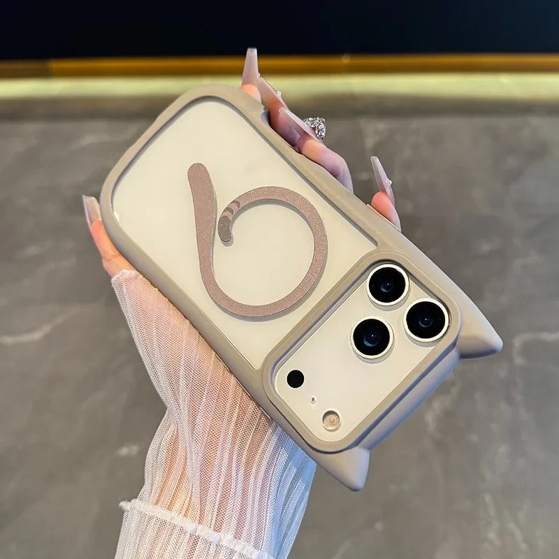 Luxury iPhone Case — 3D Cat Ear MagSafe TPU Cover with Shockproof Protection, Anti-Fingerprint Anti-Scratch Dustproof Non-Slip Transparent Design