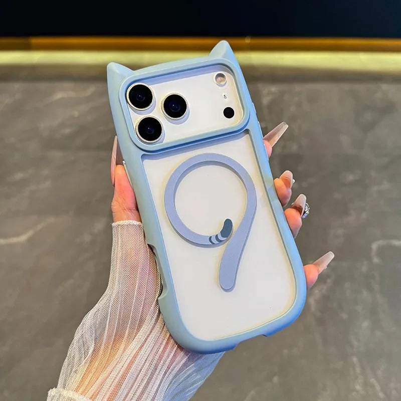 Luxury iPhone Case — 3D Cat Ear MagSafe TPU Cover with Shockproof Protection, Anti-Fingerprint Anti-Scratch Dustproof Non-Slip Transparent Design