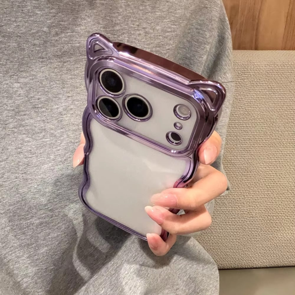 Luxury iPhone Case — 3D Cat Ears Glitter Cartoon Cover with Plating Wave Edge, Shockproof Anti-Scratch Silicone & Cute Y2K Non-Slip Design
