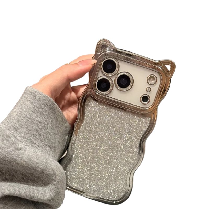 Luxury iPhone Case — 3D Cat Ears Glitter Cartoon Cover with Plating Wave Edge, Shockproof Anti-Scratch Silicone & Cute Y2K Non-Slip Design