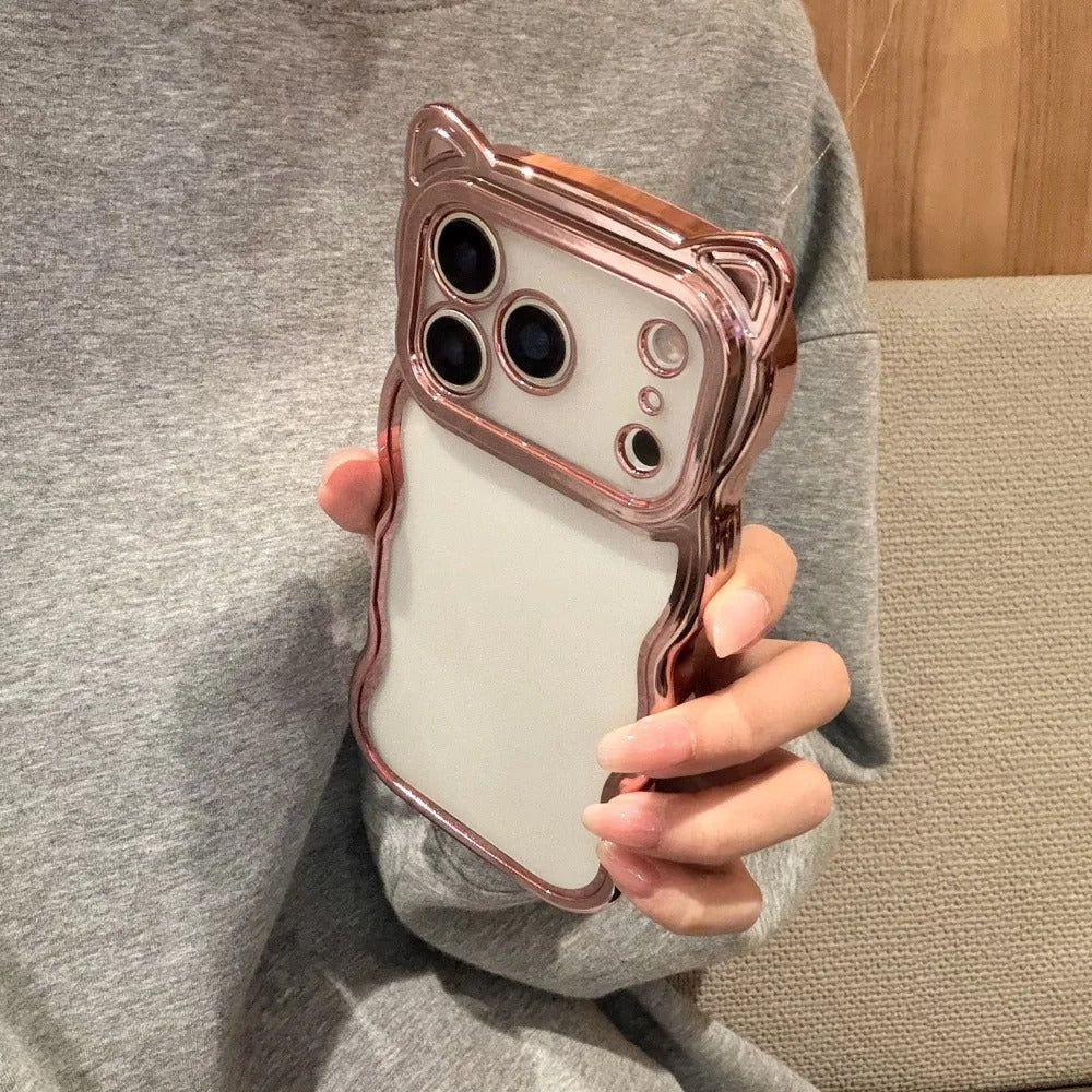 Luxury iPhone Case — 3D Cat Ears Glitter Cartoon Cover with Plating Wave Edge, Shockproof Anti-Scratch Silicone & Cute Y2K Non-Slip Design