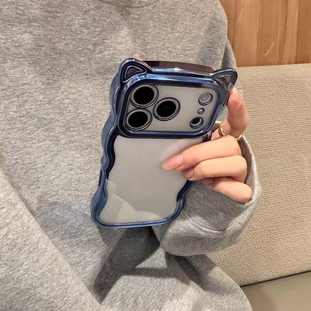 Luxury iPhone Case — 3D Cat Ears Glitter Cartoon Cover with Plating Wave Edge, Shockproof Anti-Scratch Silicone & Cute Y2K Non-Slip Design