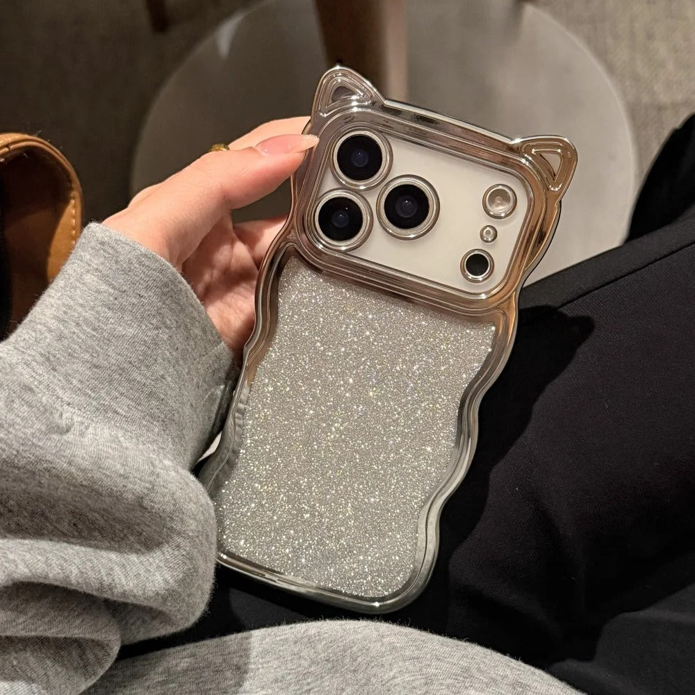 Luxury iPhone Case — 3D Cat Ears Glitter Cartoon Cover with Plating Wave Edge, Shockproof Anti-Scratch Silicone & Cute Y2K Non-Slip Design