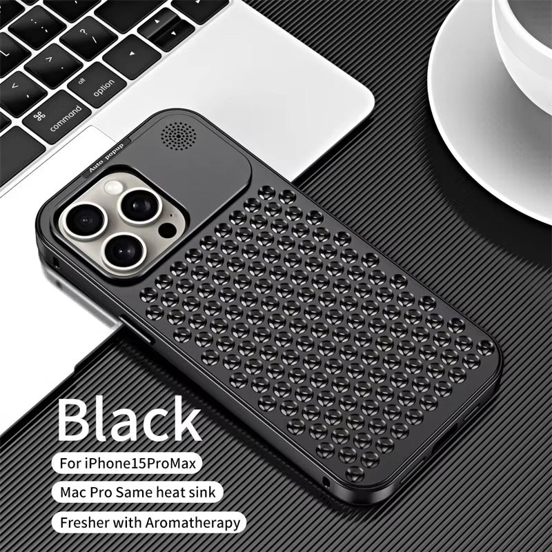 Luxury iPhone Case — Aluminum Aromatherapy Heat-Dissipation Cover with Auto-Popup Fragrance, Shockproof Metal Frame and Anti-Fingerprint Lightweight Design