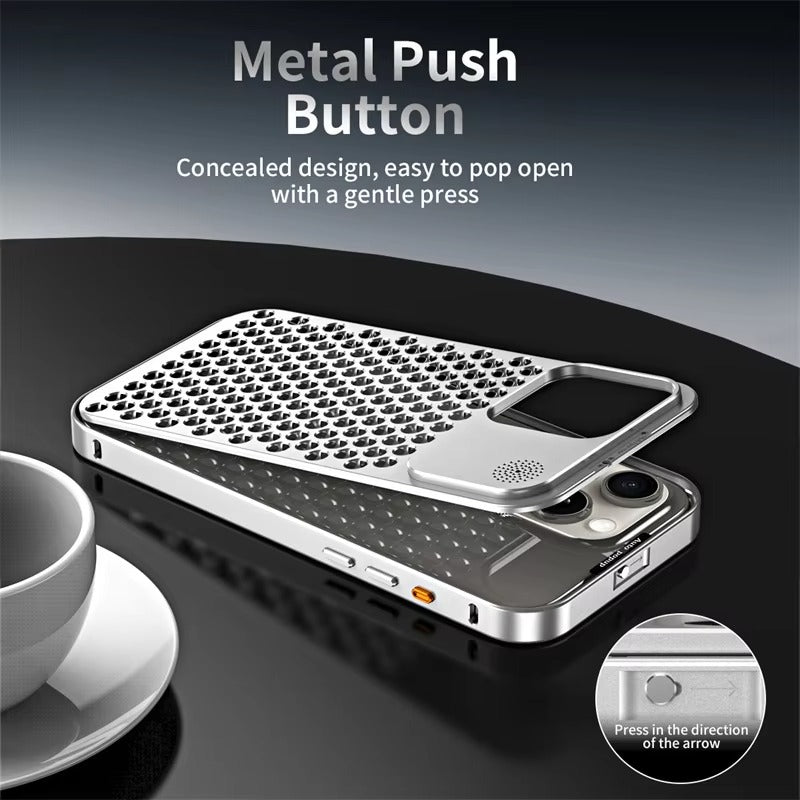 Luxury iPhone Case — Aluminum Aromatherapy Heat-Dissipation Cover with Auto-Popup Fragrance, Shockproof Metal Frame and Anti-Fingerprint Lightweight Design