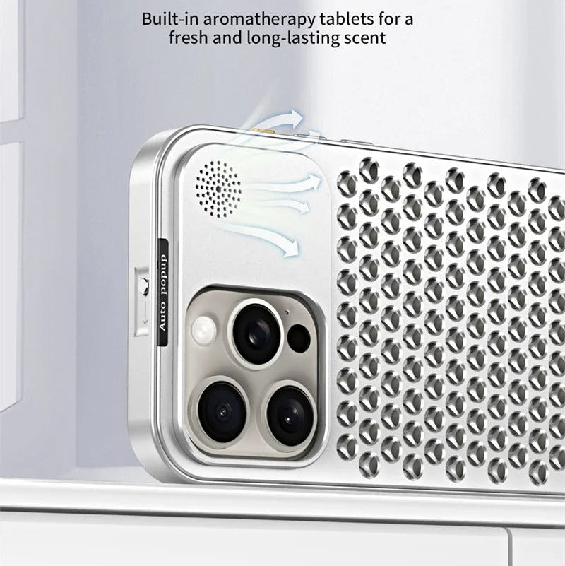 Luxury iPhone Case — Aluminum Aromatherapy Heat-Dissipation Cover with Auto-Popup Fragrance, Shockproof Metal Frame and Anti-Fingerprint Lightweight Design