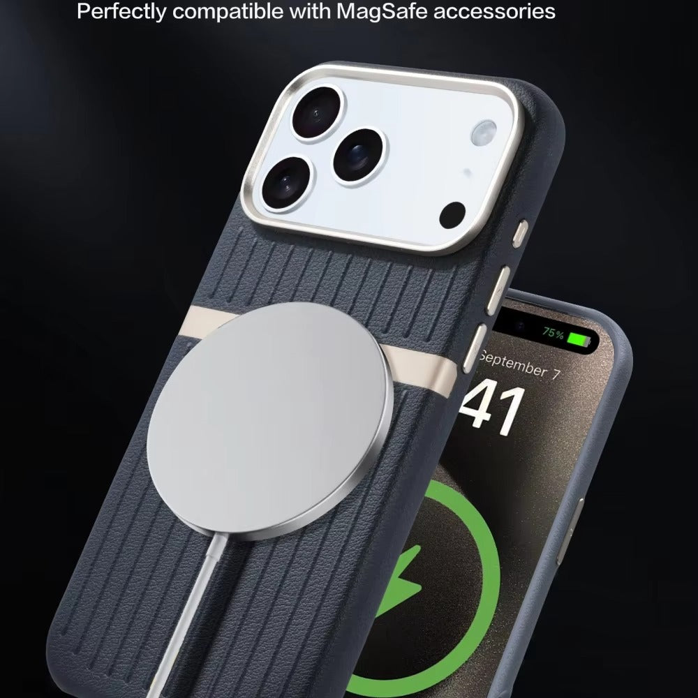 Luxury iPhone Case — Built-In MagSafe Leather Cover with Luggage-Pattern Splice Design, Shockproof Protection and Matte Anti-Fingerprint Finish