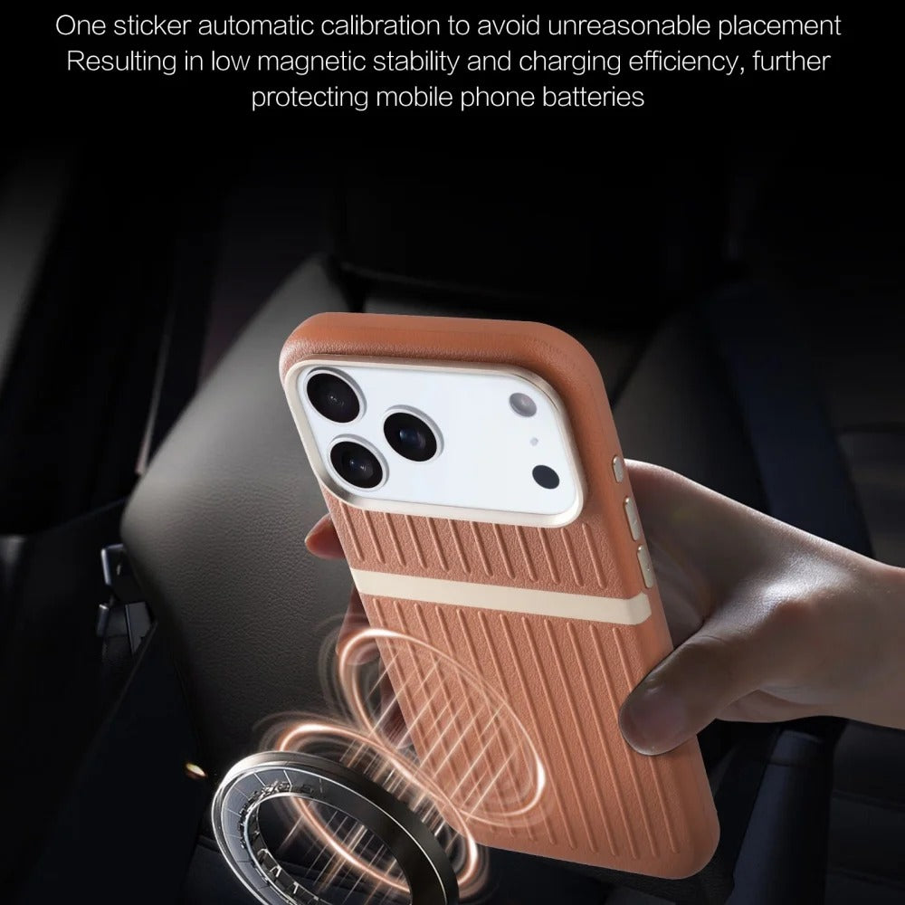 Luxury iPhone Case — Built-In MagSafe Leather Cover with Luggage-Pattern Splice Design, Shockproof Protection and Matte Anti-Fingerprint Finish