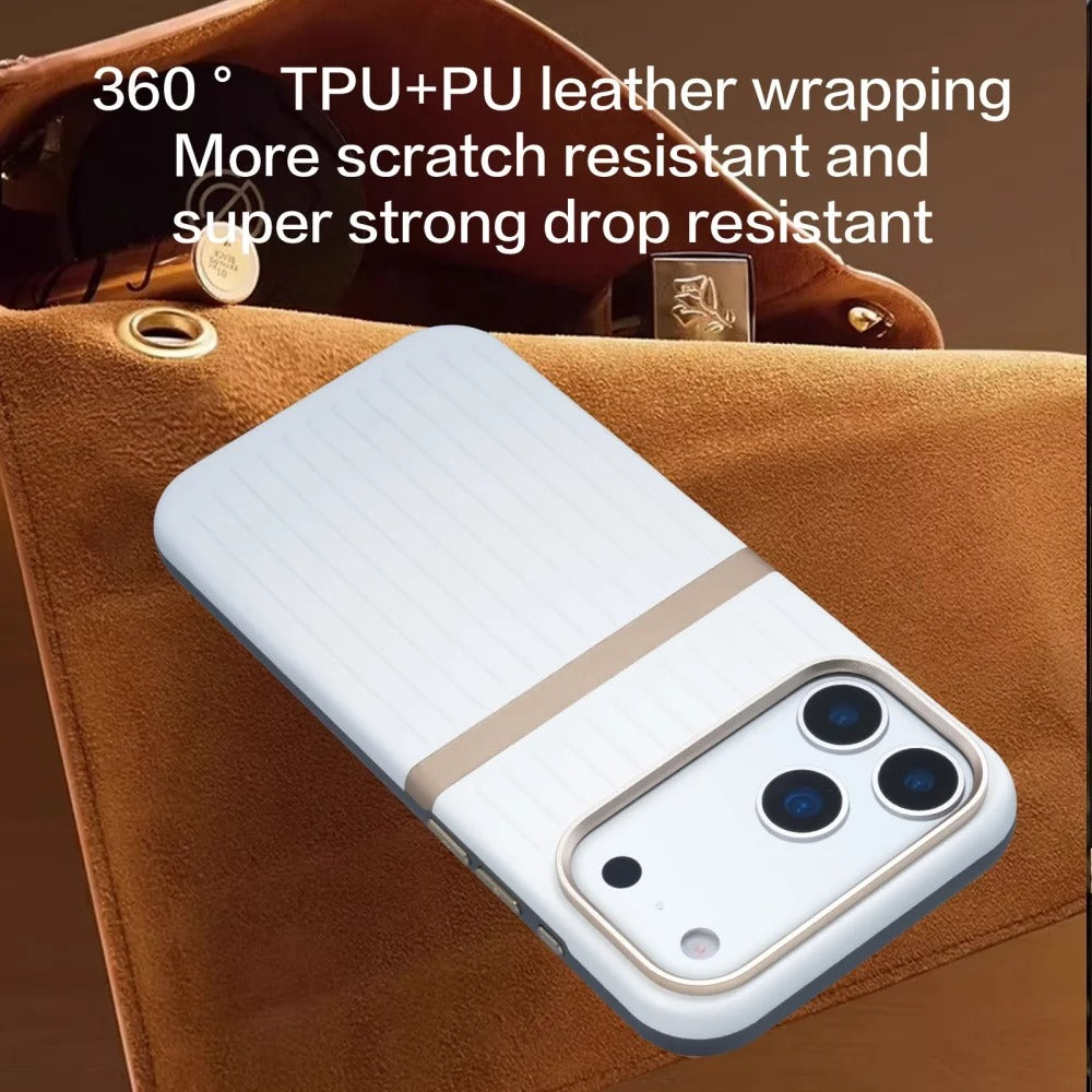 Luxury iPhone Case — Built-In MagSafe Leather Cover with Luggage-Pattern Splice Design, Shockproof Protection and Matte Anti-Fingerprint Finish