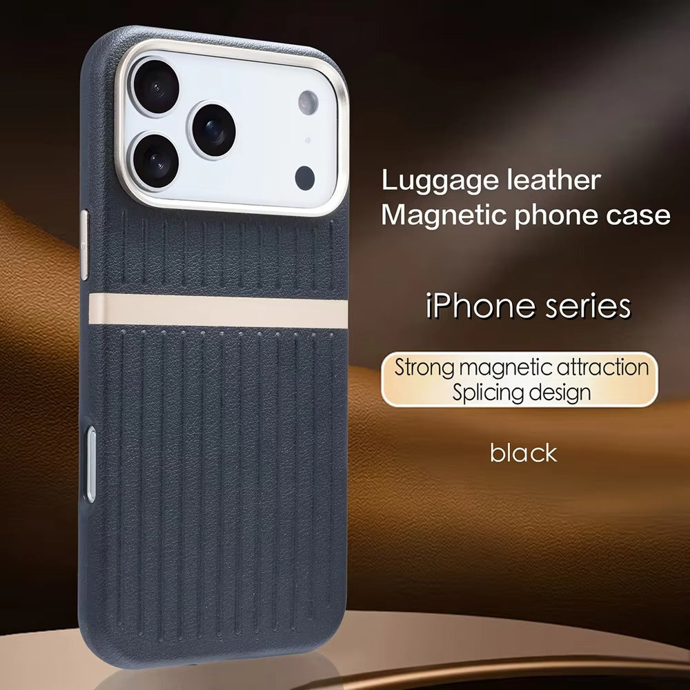 Luxury iPhone Case — Built-In MagSafe Leather Cover with Luggage-Pattern Splice Design, Shockproof Protection and Matte Anti-Fingerprint Finish