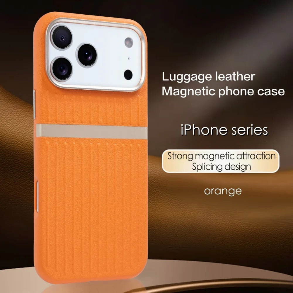 Luxury iPhone Case — Built-In MagSafe Leather Cover with Luggage-Pattern Splice Design, Shockproof Protection and Matte Anti-Fingerprint Finish