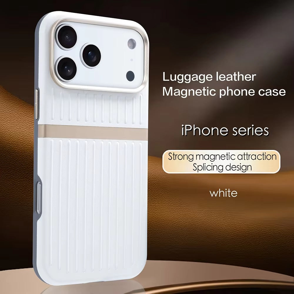 Luxury iPhone Case — Built-In MagSafe Leather Cover with Luggage-Pattern Splice Design, Shockproof Protection and Matte Anti-Fingerprint Finish