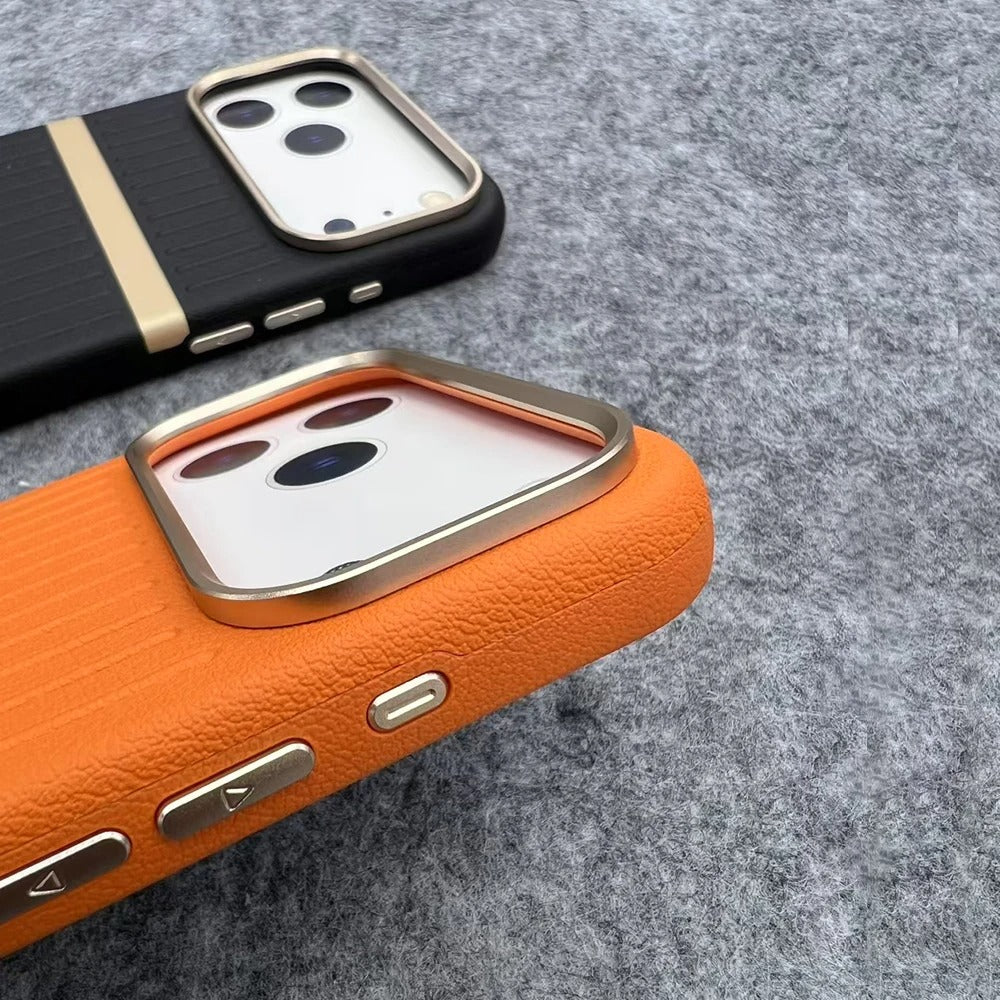 Luxury iPhone Case — Built-In MagSafe Leather Cover with Luggage-Pattern Splice Design, Shockproof Protection and Matte Anti-Fingerprint Finish
