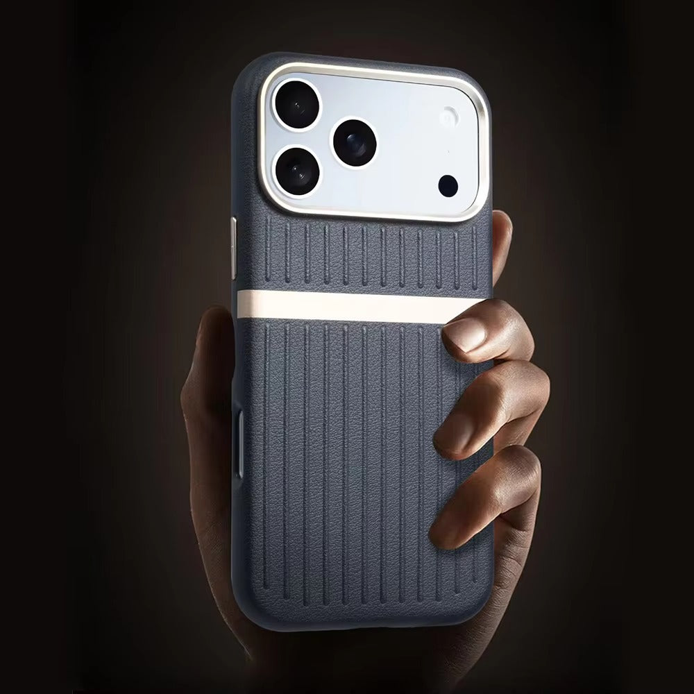 Luxury iPhone Case — Built-In MagSafe Leather Cover with Luggage-Pattern Splice Design, Shockproof Protection and Matte Anti-Fingerprint Finish